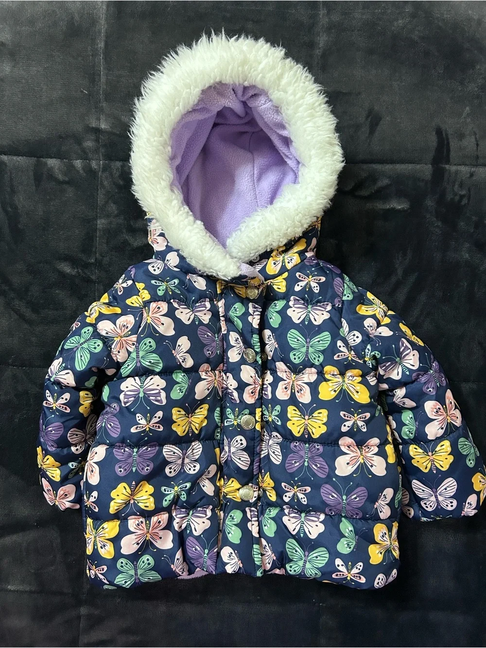 Carter’s Blue Butterfly Print Faux Fur Hooded Puffer Jacket